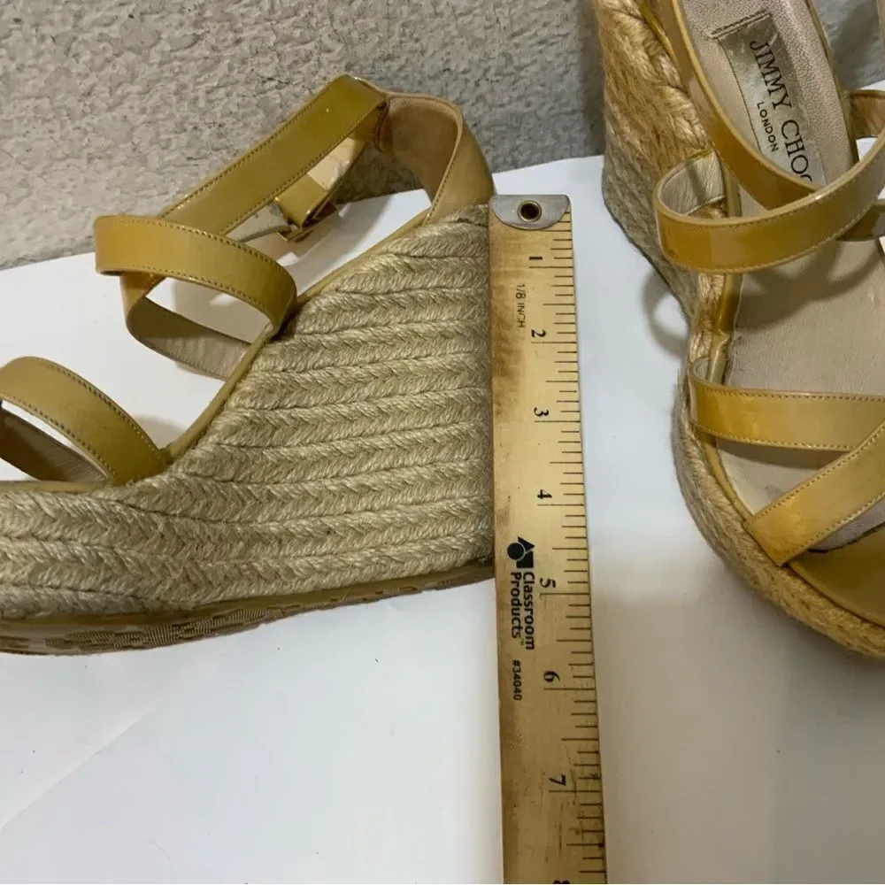 JIMMY CHOO PORTO CRISSCROSS ESPADRILLE WEDGE SANDALS NUDE PATENT LEATHER SZ 39